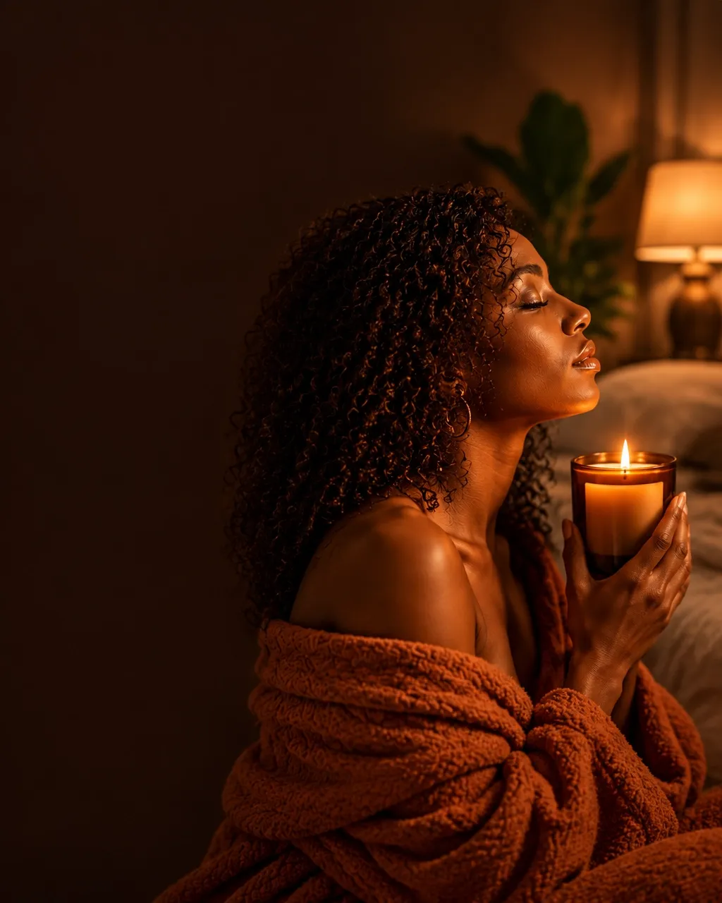 Woman in a rust knit robe holding a lit candle